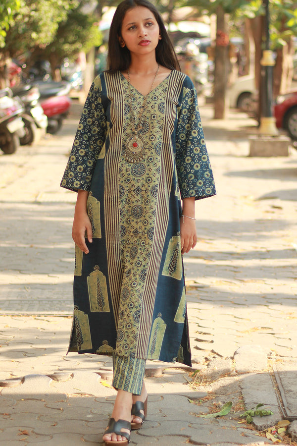 Abhira | Long Kurta | Sea Green Pine Ajrakh