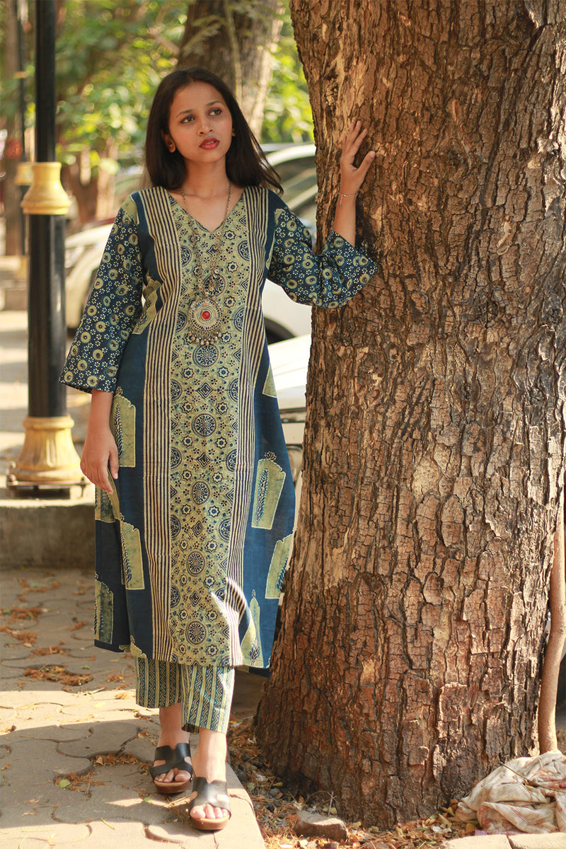 Abhira | Long Kurta | Sea Green Pine Ajrakh