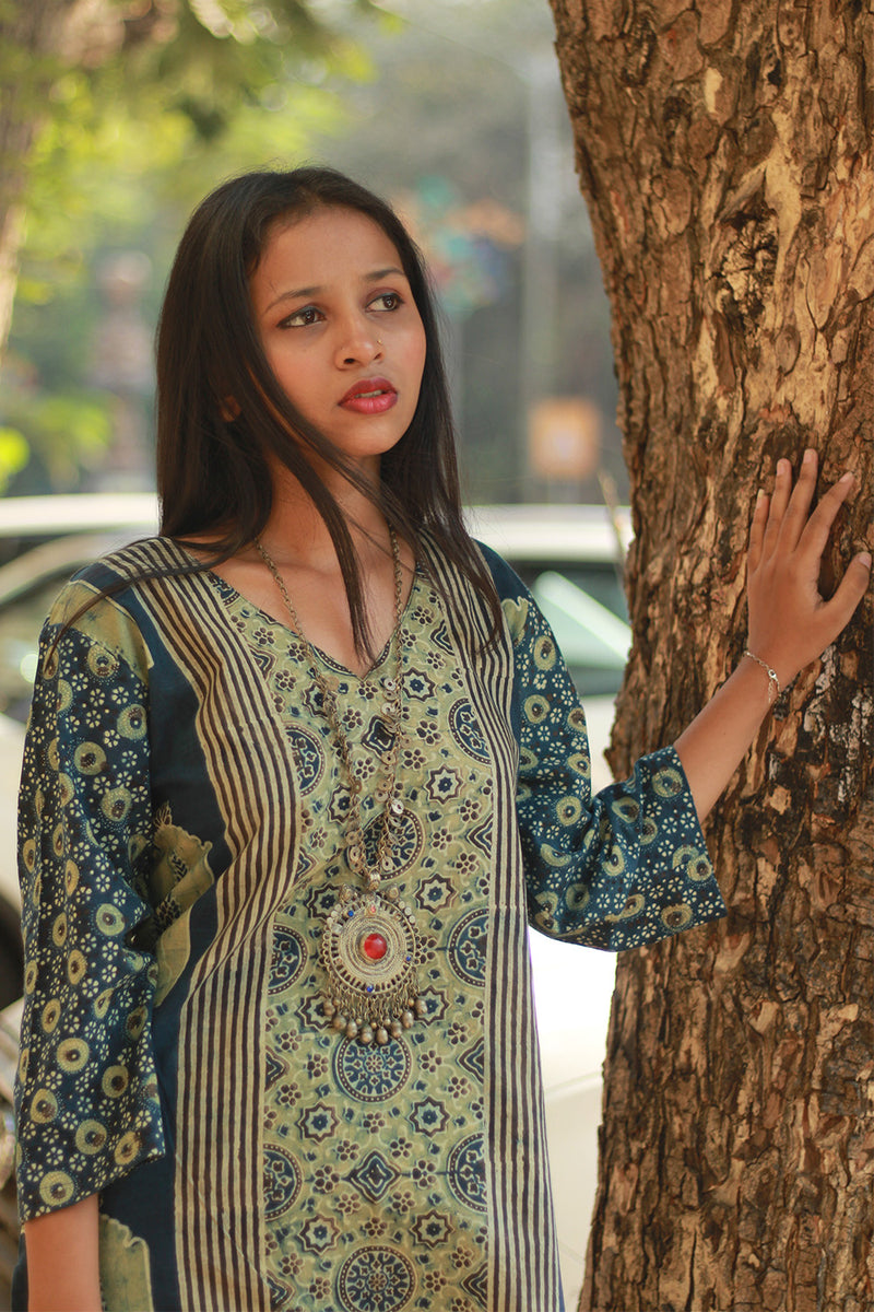 Abhira | Long Kurta | Sea Green Pine Ajrakh