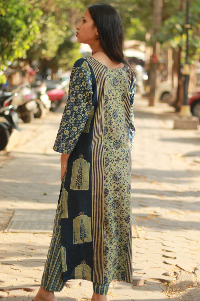 Abhira | Long Kurta | Sea Green Pine Ajrakh