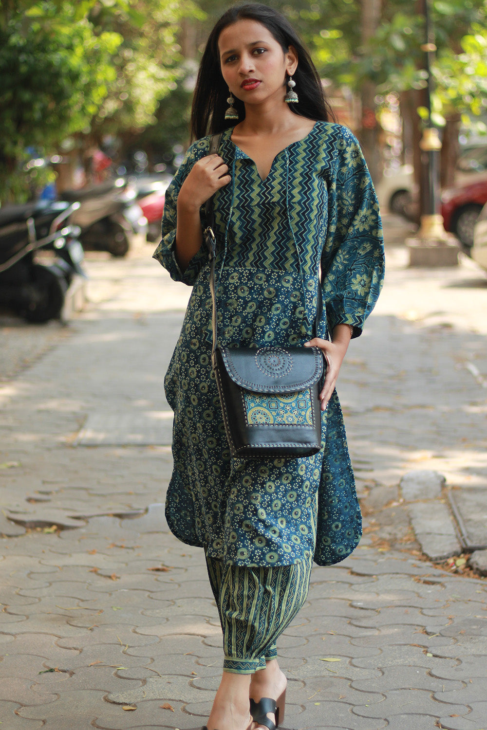 Saanjh | Long Kurta | Sea Green Ajrakh Medley