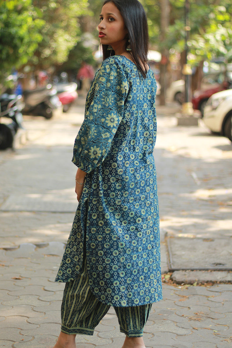 Saanjh | Long Kurta | Sea Green Ajrakh Medley