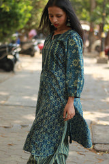 Saanjh | Long Kurta | Sea Green Ajrakh Medley