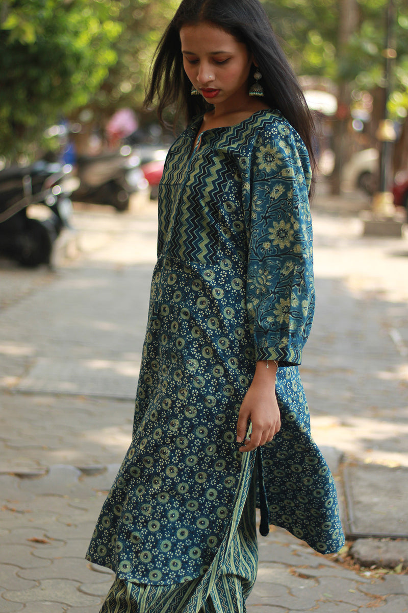 Saanjh | Long Kurta | Sea Green Ajrakh Medley