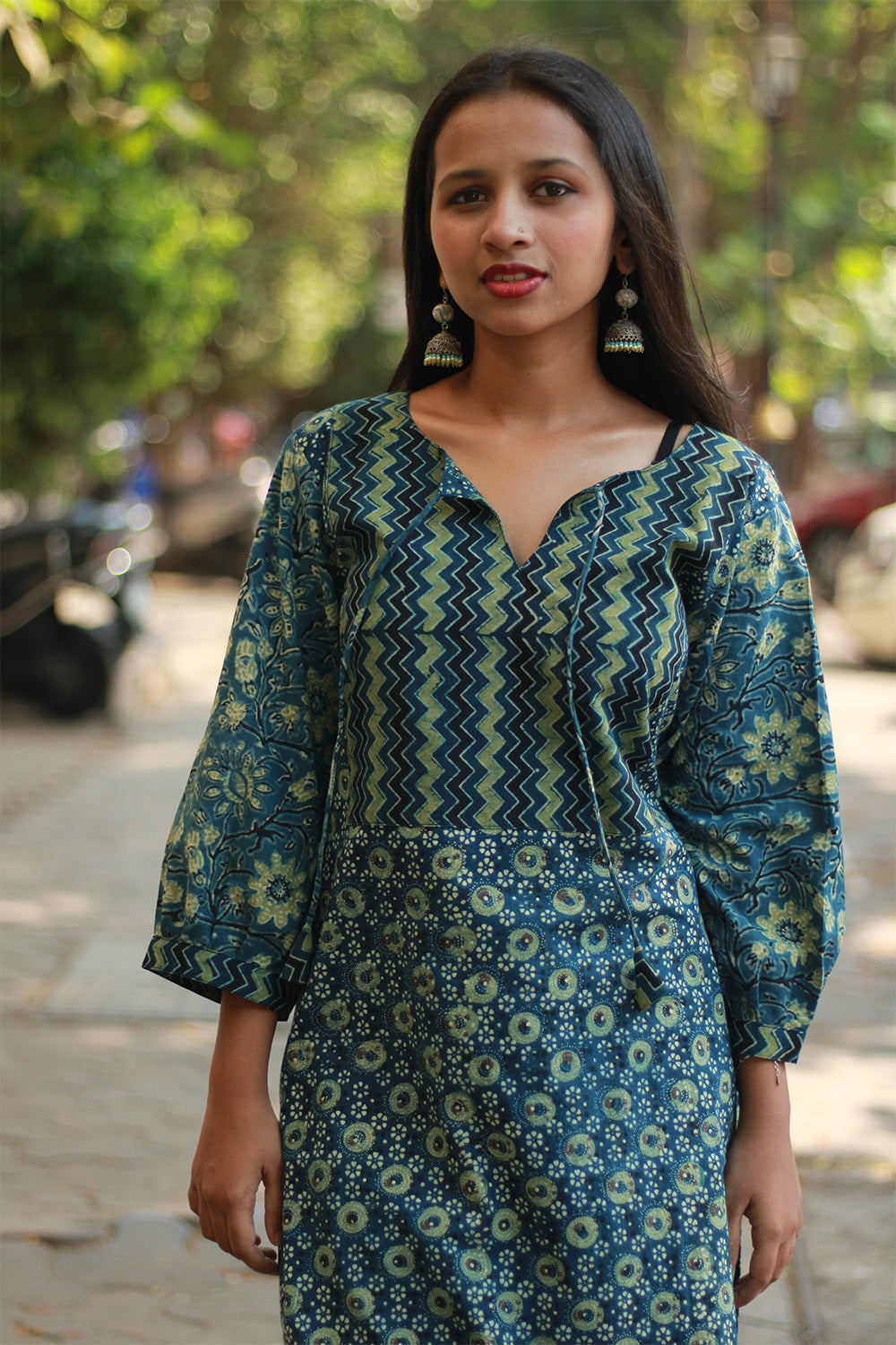 Saanjh | Long Kurta | Sea Green Ajrakh Medley