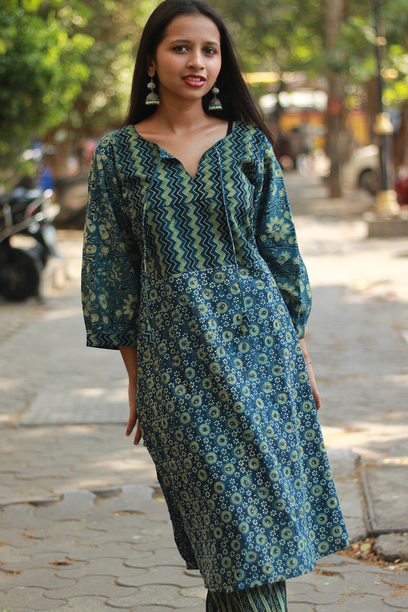 Saanjh | Long Kurta | Sea Green Ajrakh Medley