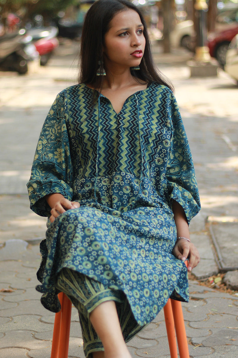 Saanjh | Long Kurta | Sea Green Ajrakh Medley