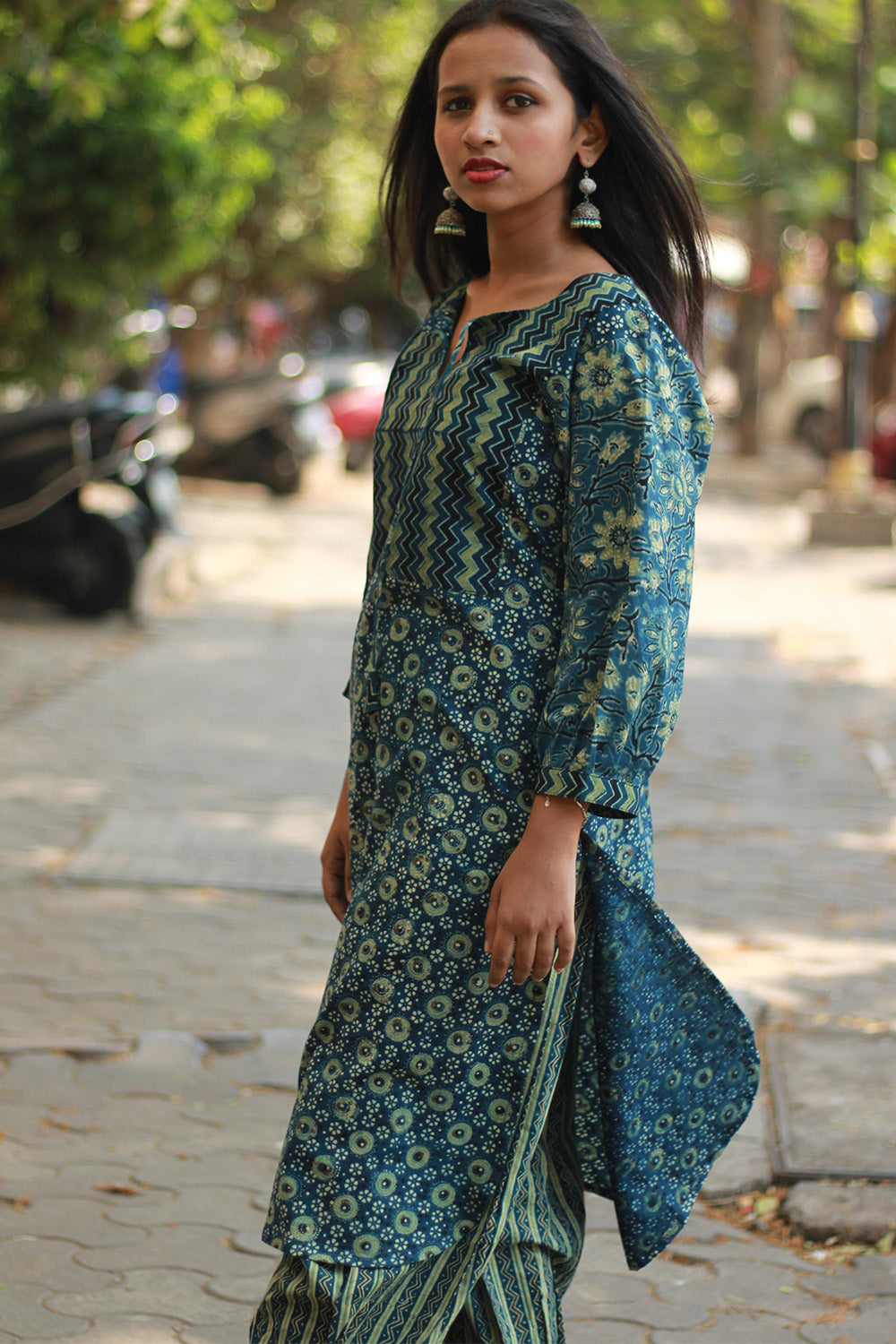 Saanjh | Long Kurta | Sea Green Ajrakh Medley