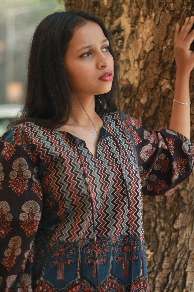 Saanjh | Long Kurta | Noir Ajrakh Medley