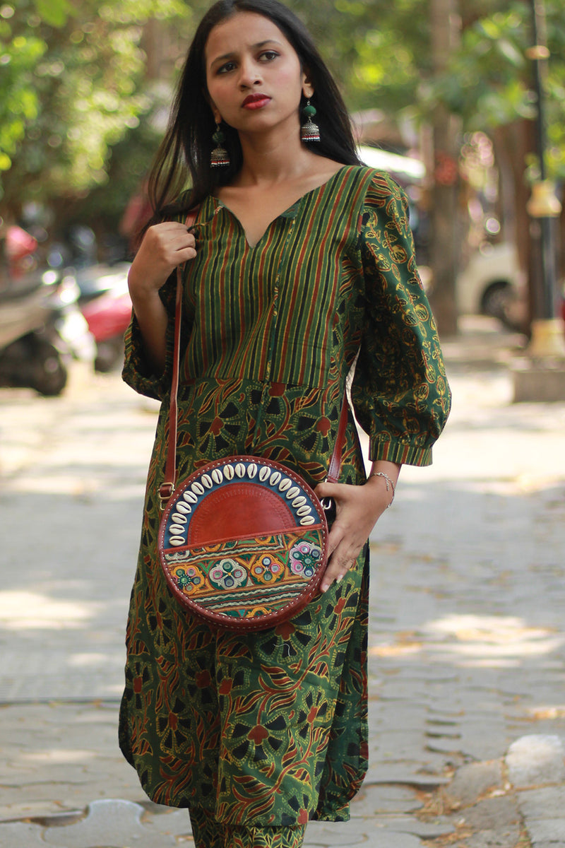 Handcrafted Kutch Leather Bag | Mirrorwork | Brown