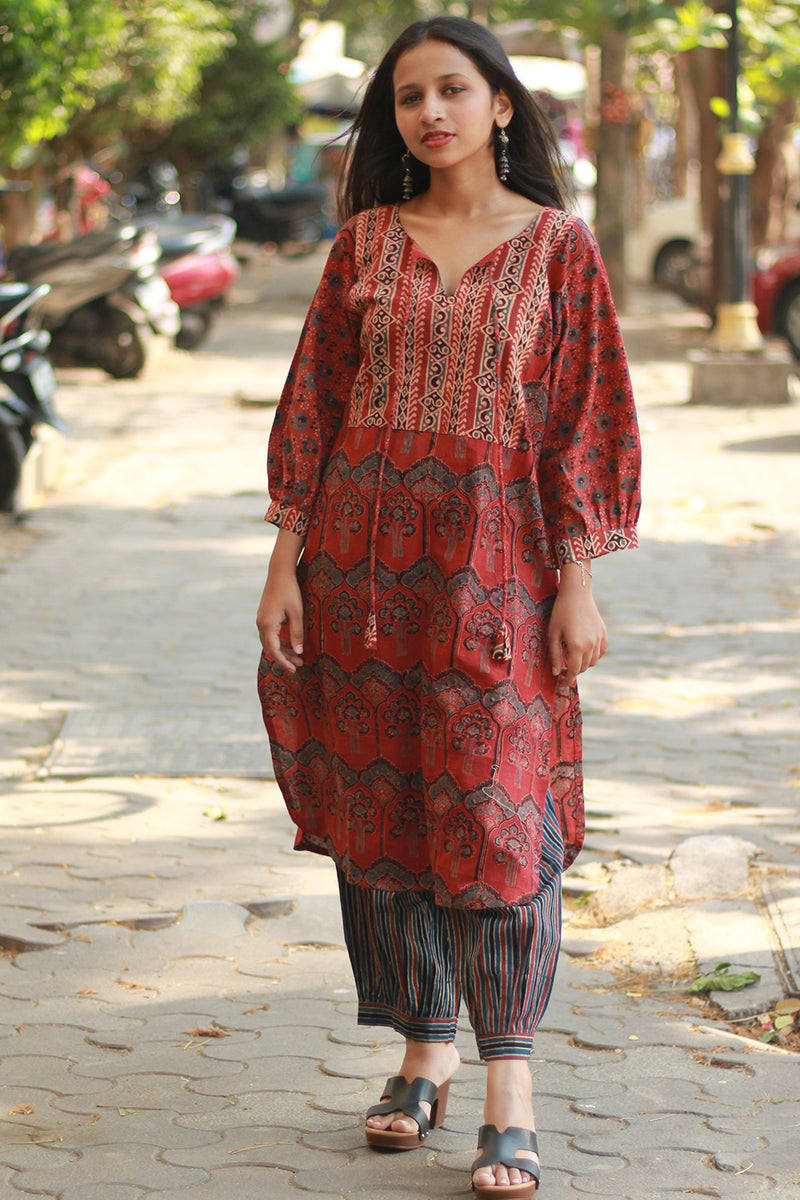 Saanjh | Long Kurta | Rust Ajrakh Medley