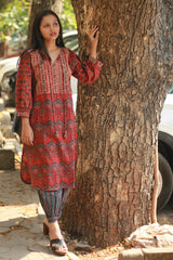 Saanjh | Long Kurta | Rust Ajrakh Medley