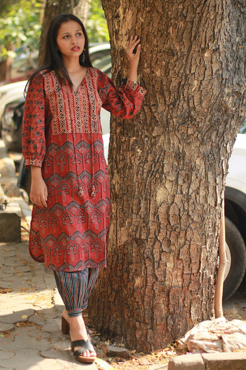 Saanjh | Long Kurta | Rust Ajrakh Medley