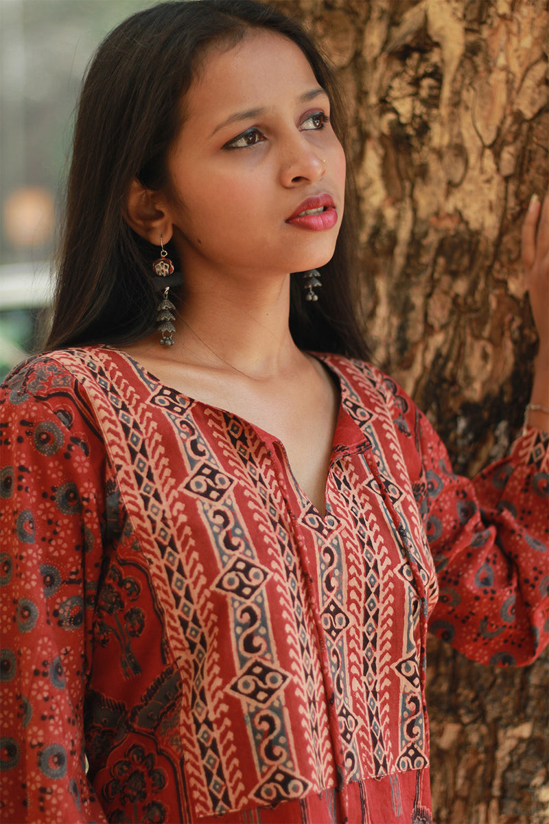 Saanjh | Long Kurta | Rust Ajrakh Medley