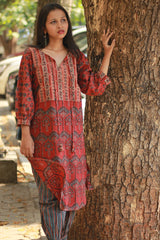 Saanjh | Long Kurta | Rust Ajrakh Medley