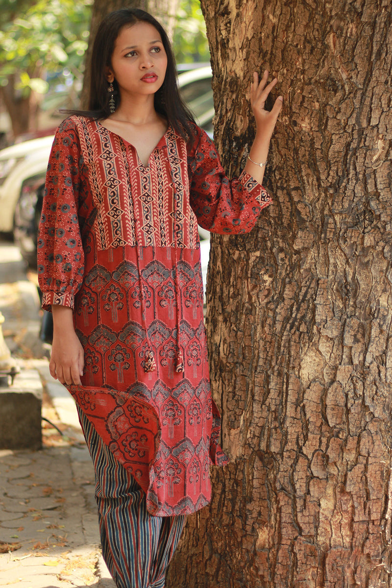 Saanjh | Long Kurta | Rust Ajrakh Medley