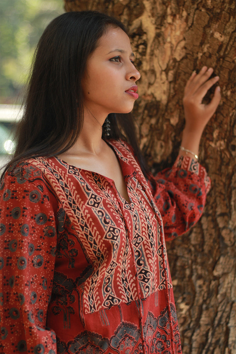 Saanjh | Long Kurta | Rust Ajrakh Medley