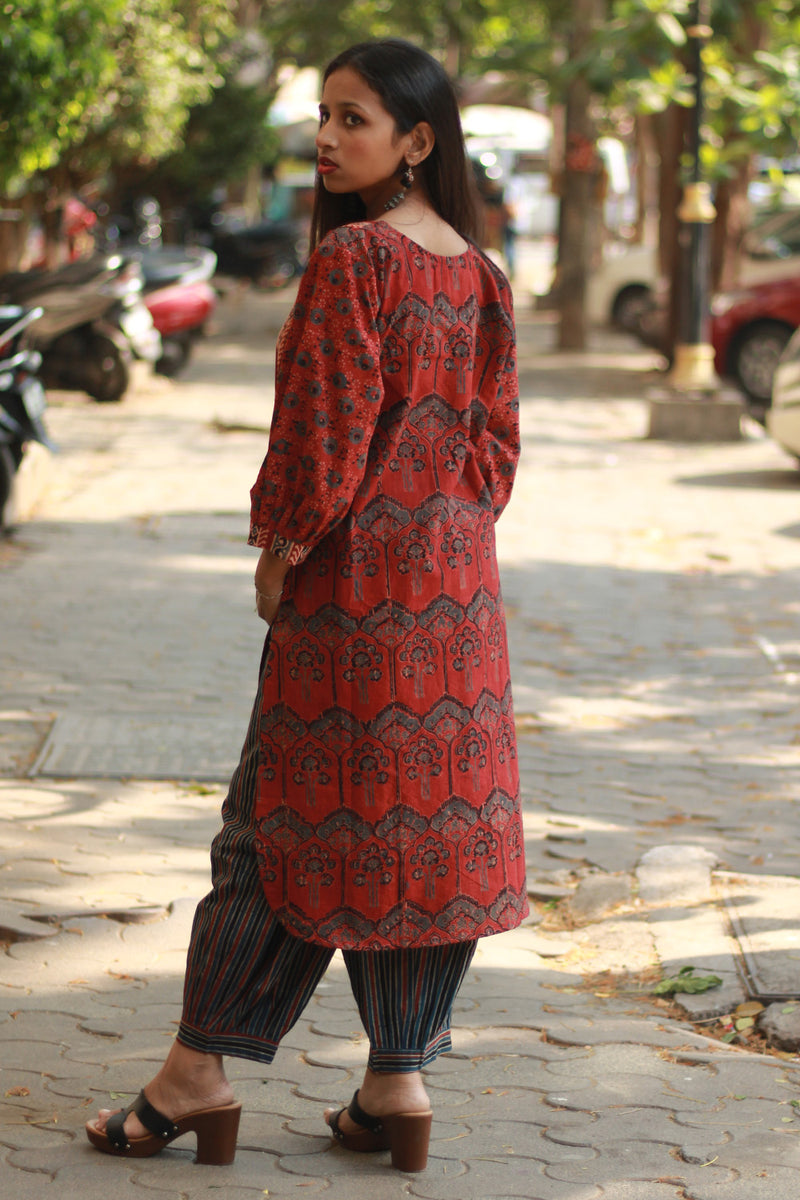 Saanjh | Long Kurta | Rust Ajrakh Medley