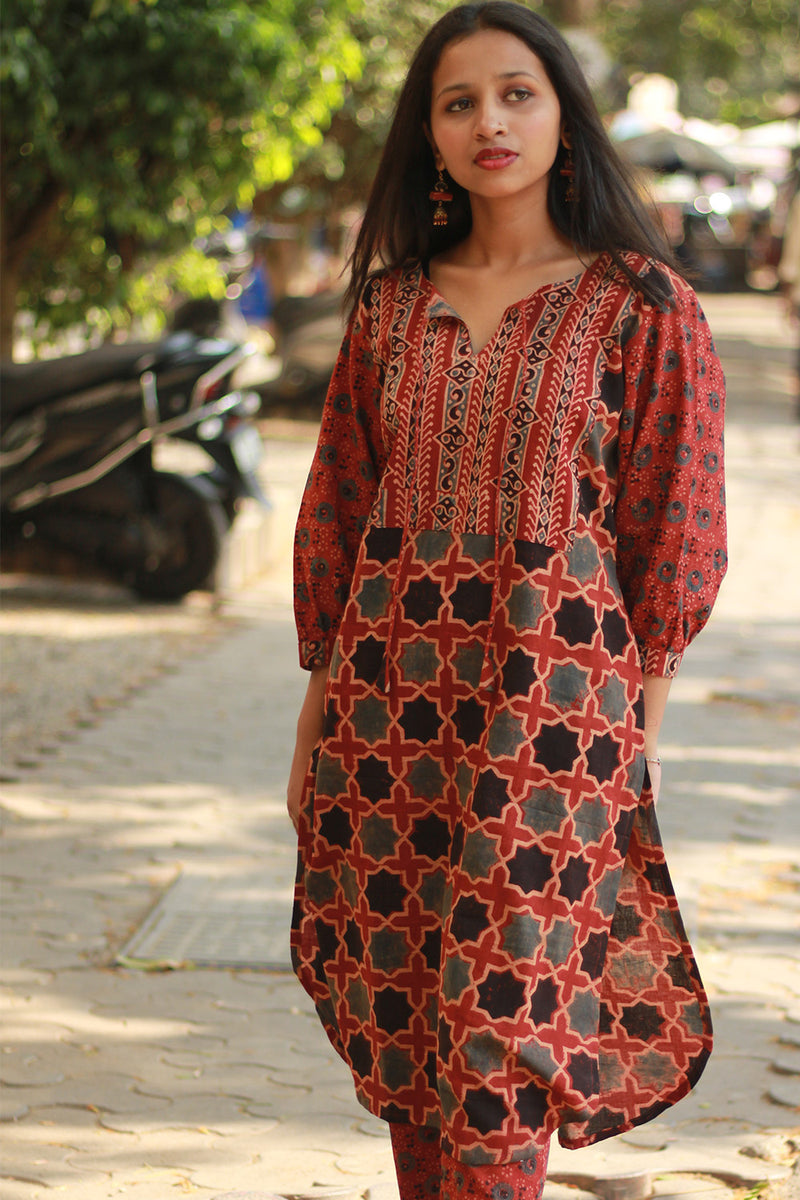 Saanjh | Long Kurta | Madder Ajrakh Medley