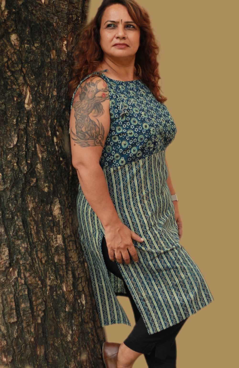 Chanchal | Dori Kurta | Sea Green Floral & Chevron Ajrakh