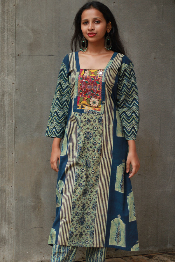 Banjari | Ajrakh Kurta | Sea Green With Embroidery