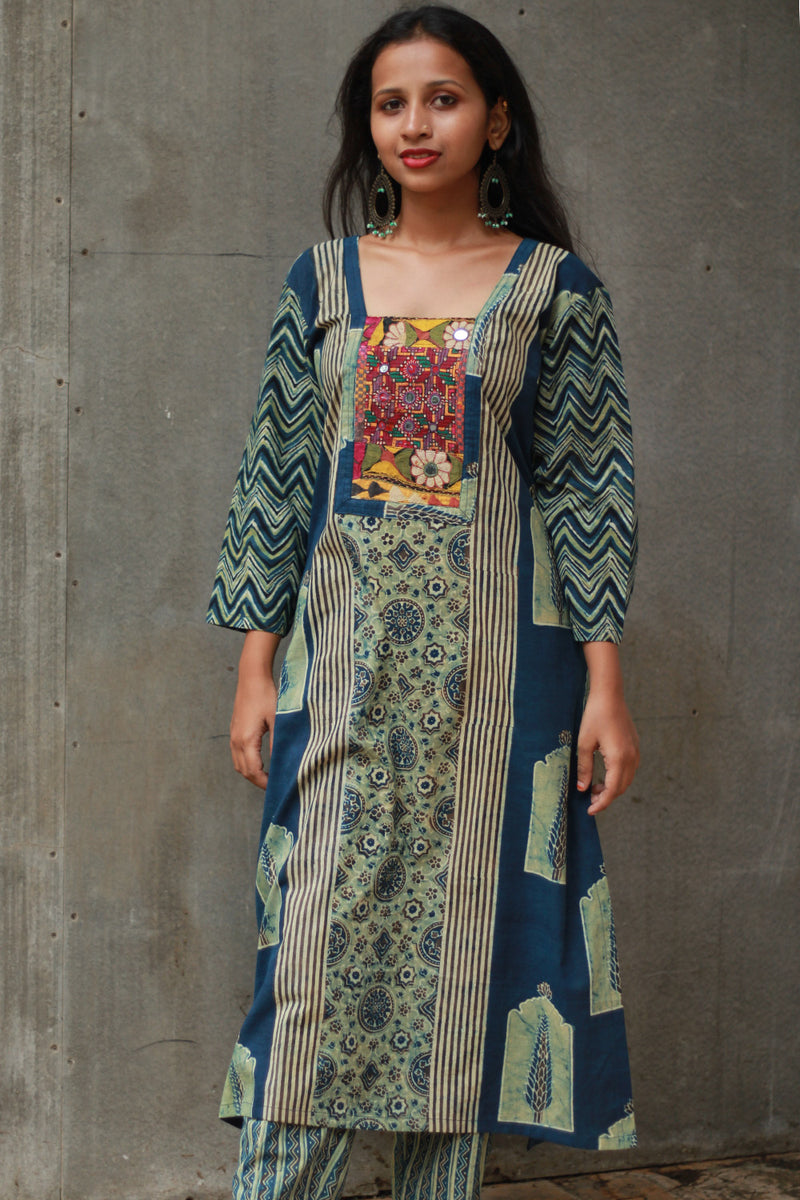 Banjari | Ajrakh Kurta | Sea Green With Embroidery
