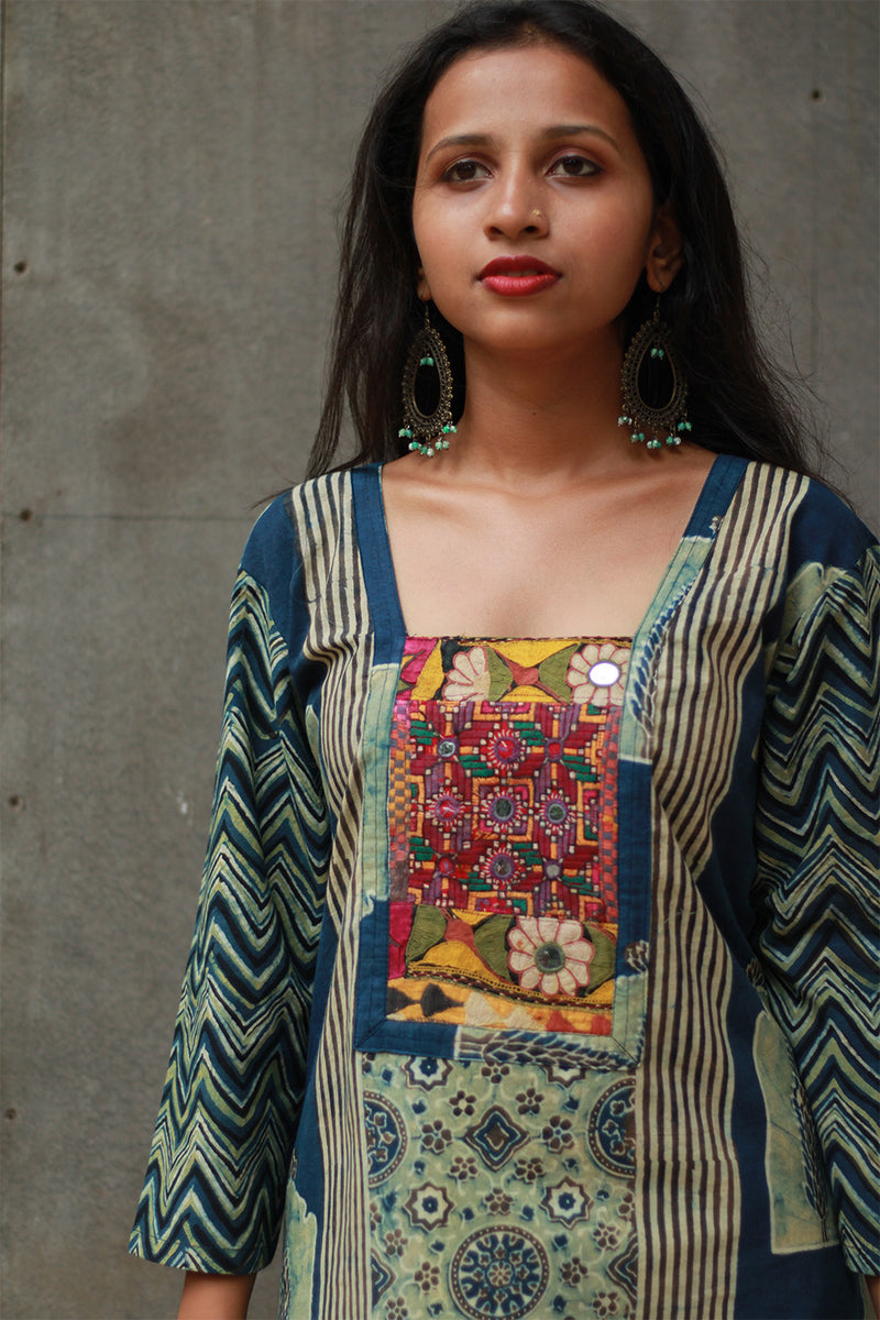 Banjari | Ajrakh Kurta | Sea Green With Embroidery