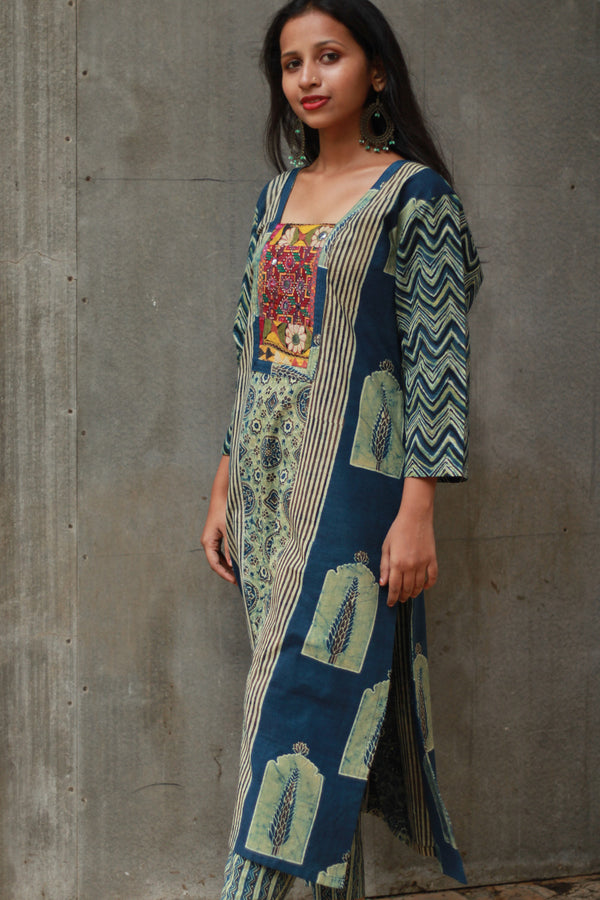 Banjari | Ajrakh Kurta | Sea Green With Embroidery