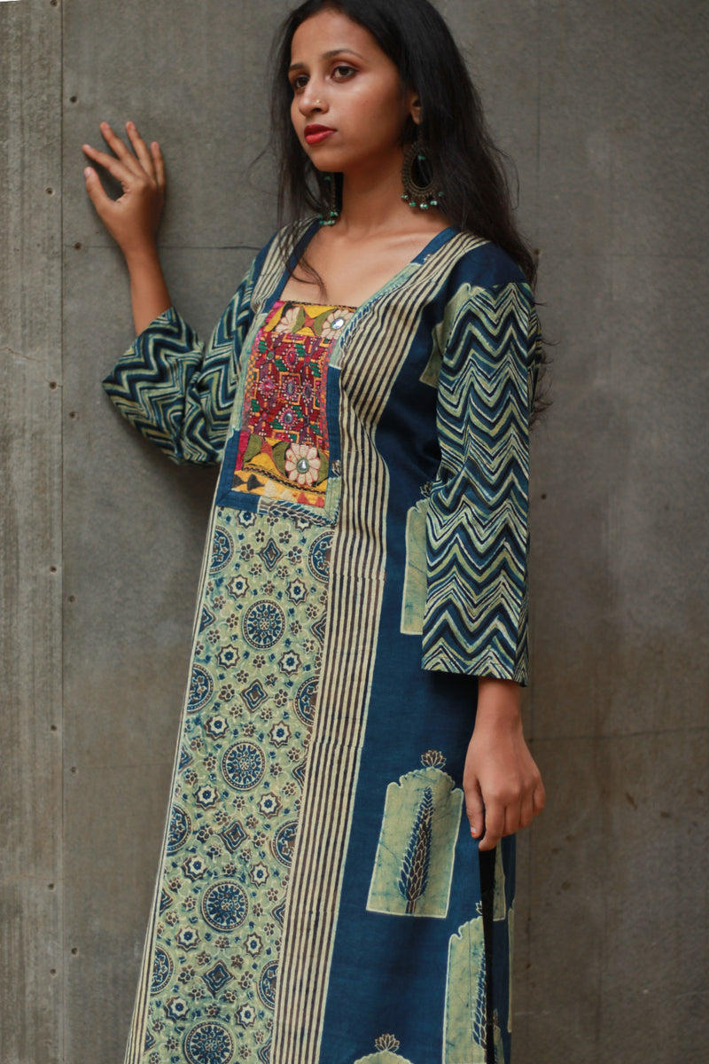 Banjari | Ajrakh Kurta | Sea Green With Embroidery