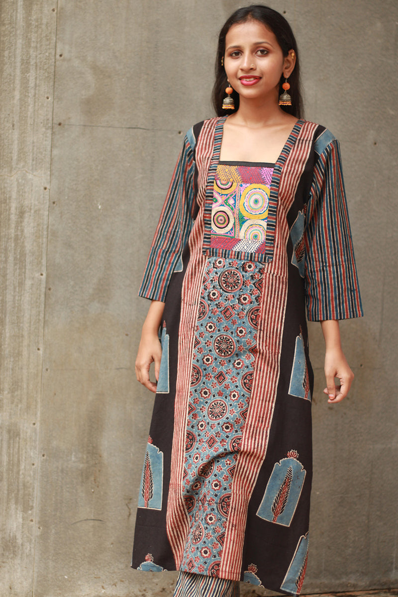 Banjari | Ajrakh Kurta | Madder With Embroidery