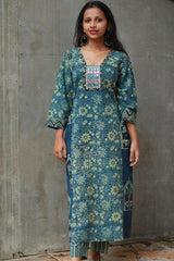 Banjari | Ajrakh Kurta | Sea Blue With Embroidery