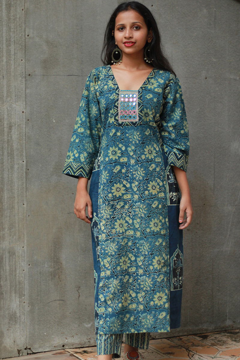 Banjari | Ajrakh Kurta | Sea Blue With Embroidery