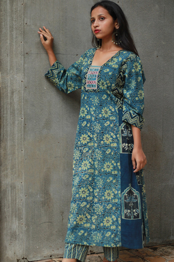 Banjari | Ajrakh Kurta | Sea Blue With Embroidery