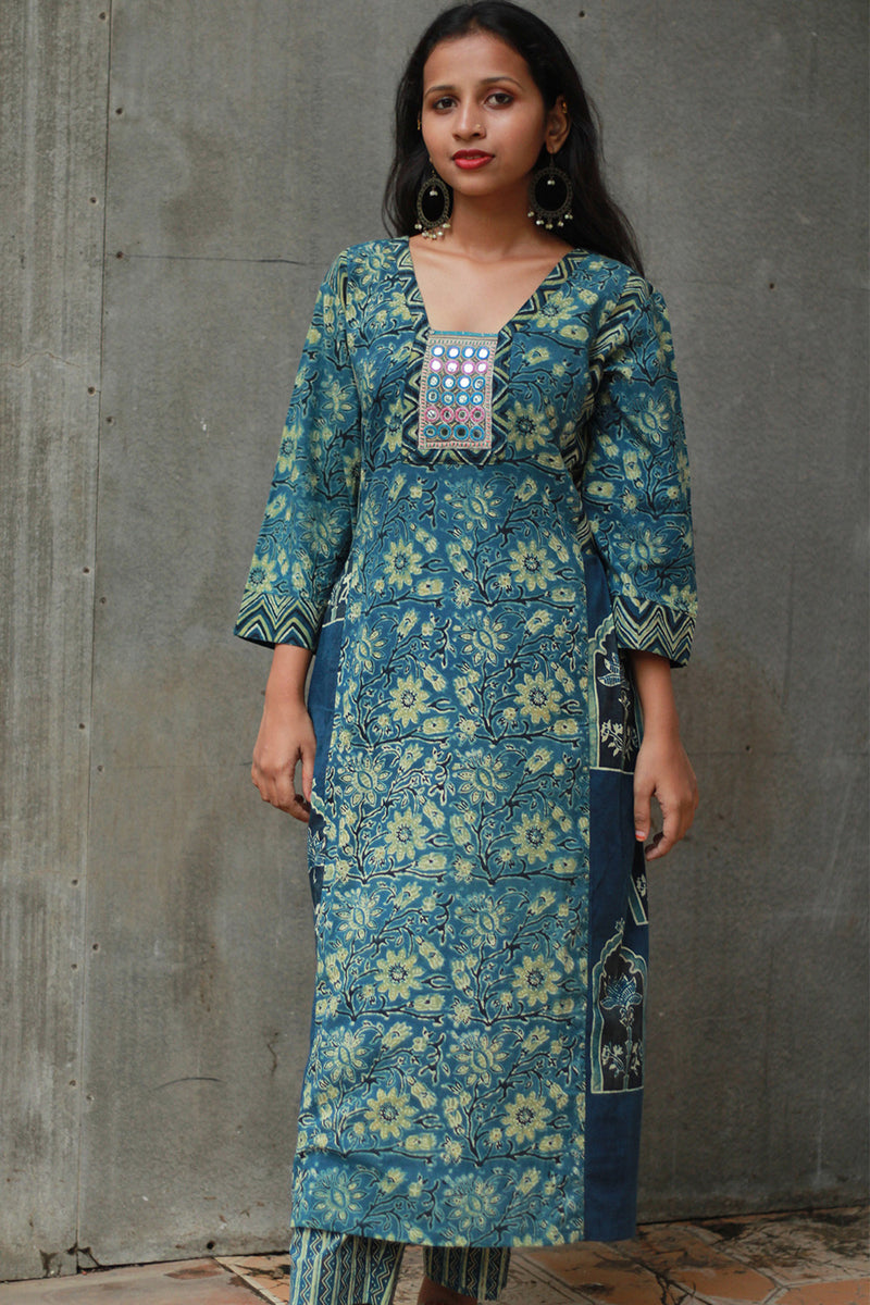 Banjari | Ajrakh Kurta | Sea Blue With Embroidery