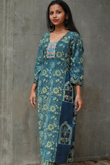 Banjari | Ajrakh Kurta | Sea Blue With Embroidery