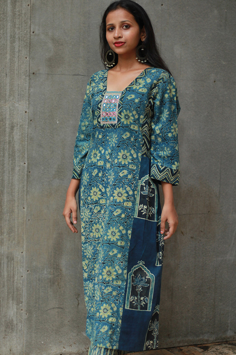 Banjari | Ajrakh Kurta | Sea Blue With Embroidery