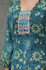 Banjari | Ajrakh Kurta | Sea Blue With Embroidery