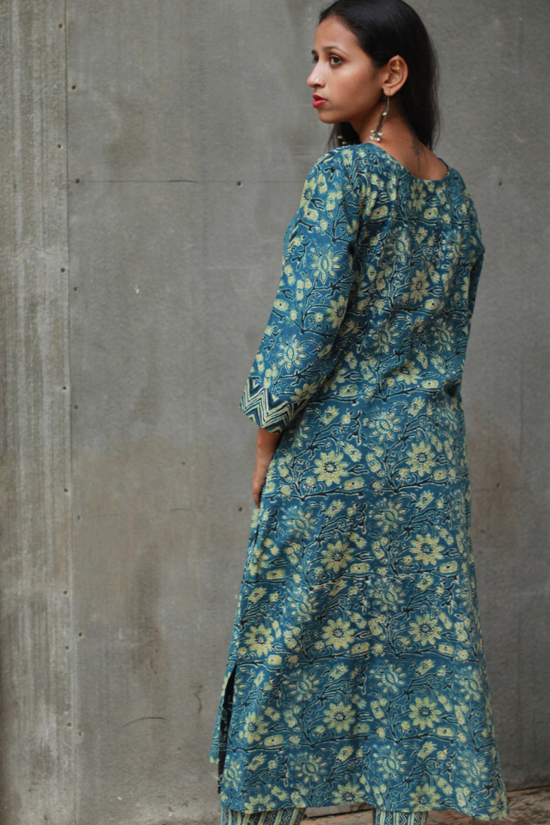 Banjari | Ajrakh Kurta | Sea Blue With Embroidery