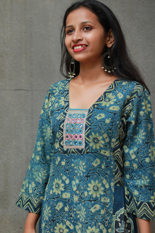 Banjari | Ajrakh Kurta | Sea Blue With Embroidery