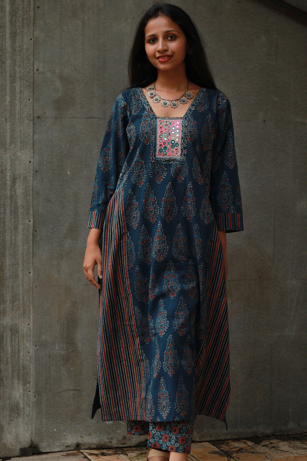 Banjari | Ajrakh Kurta | Navy Blue With Embroidery