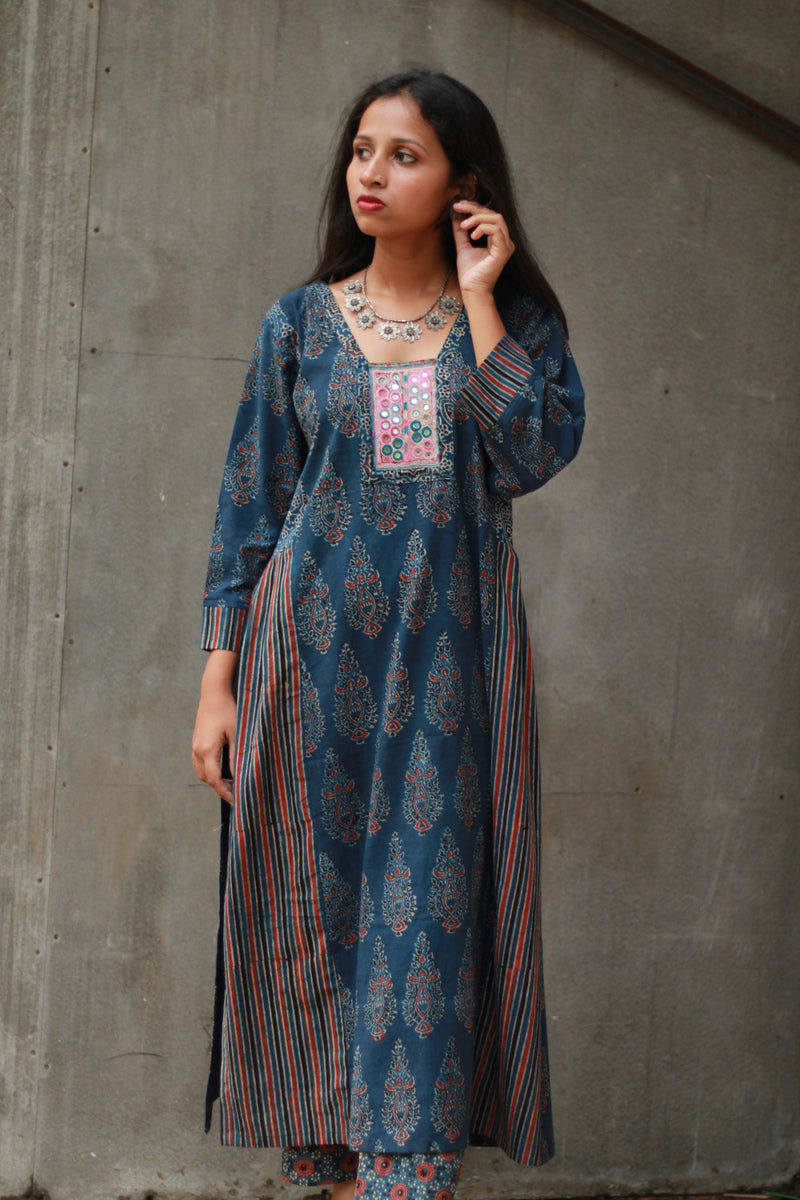 Banjari | Ajrakh Kurta | Navy Blue With Embroidery