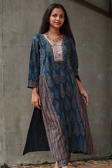 Banjari | Ajrakh Kurta | Navy Blue With Embroidery