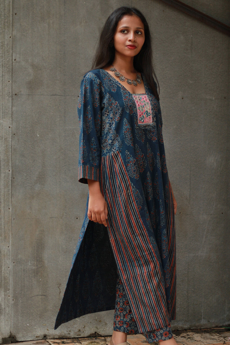 Banjari | Ajrakh Kurta | Navy Blue With Embroidery