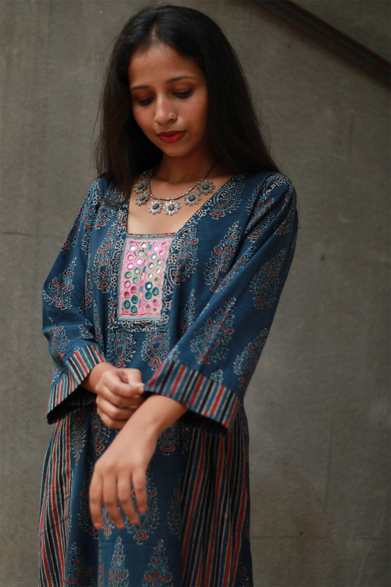 Banjari | Ajrakh Kurta | Navy Blue With Embroidery