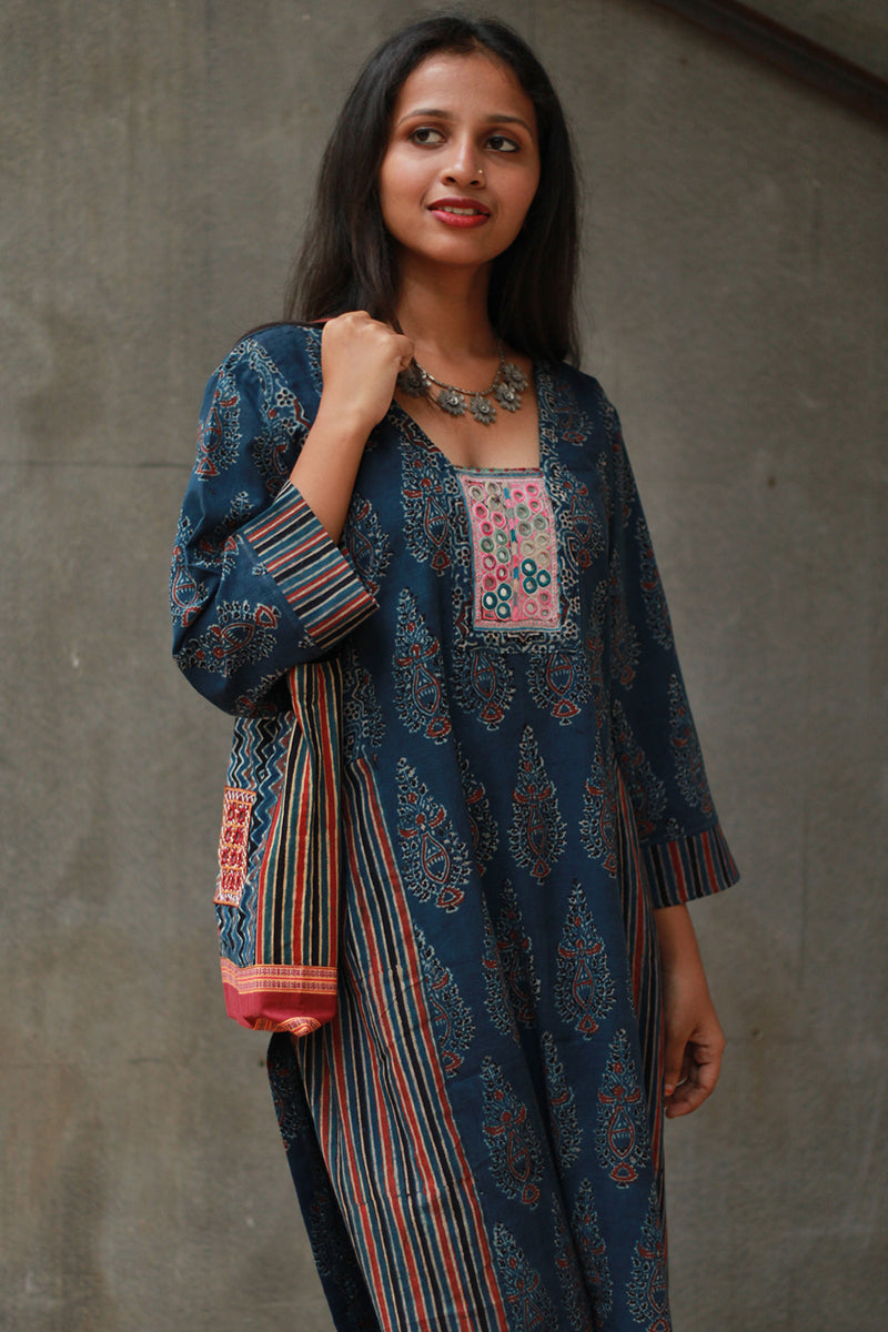 Banjari | Ajrakh Kurta | Navy Blue With Embroidery