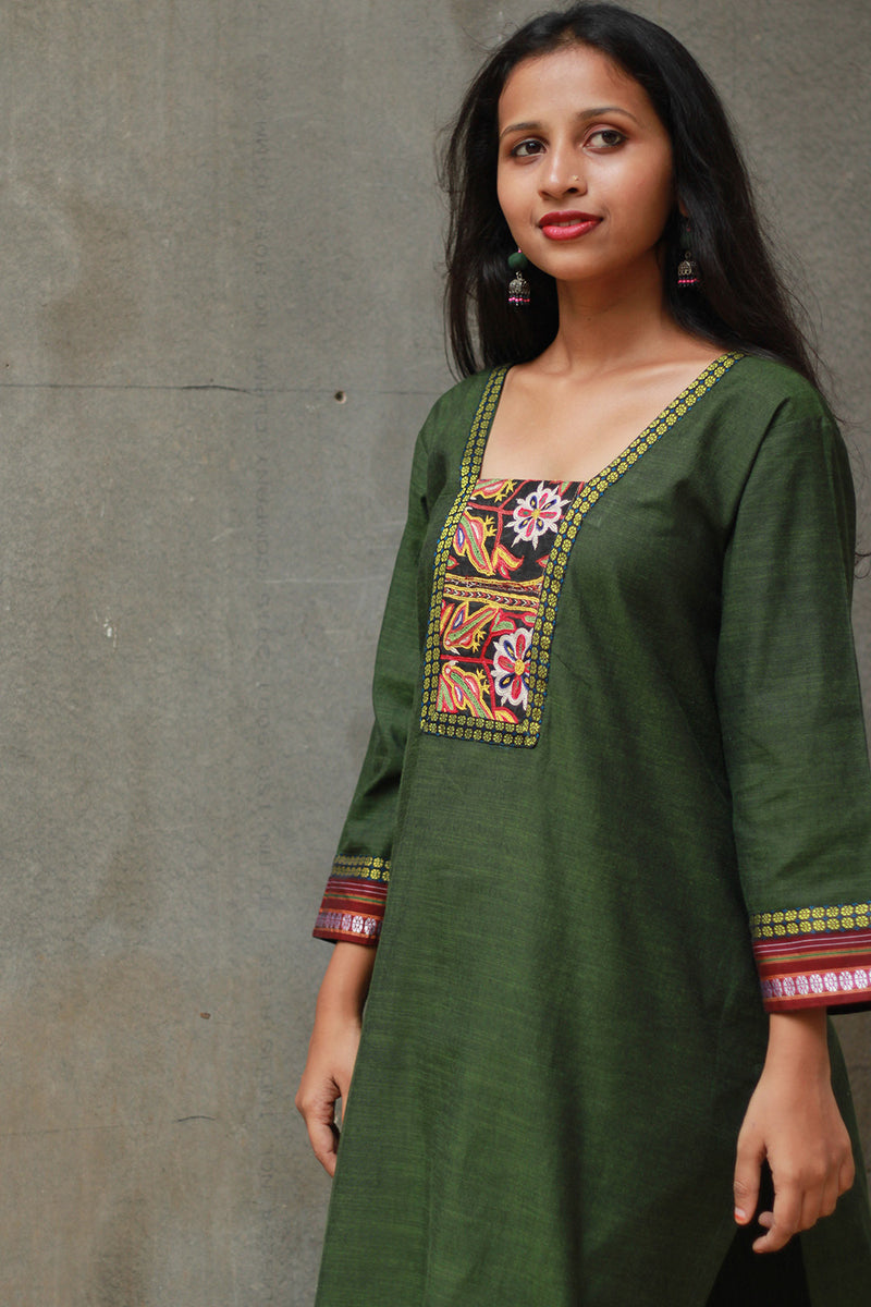 Banjari | Cotton Kurta | Green With Embroidery
