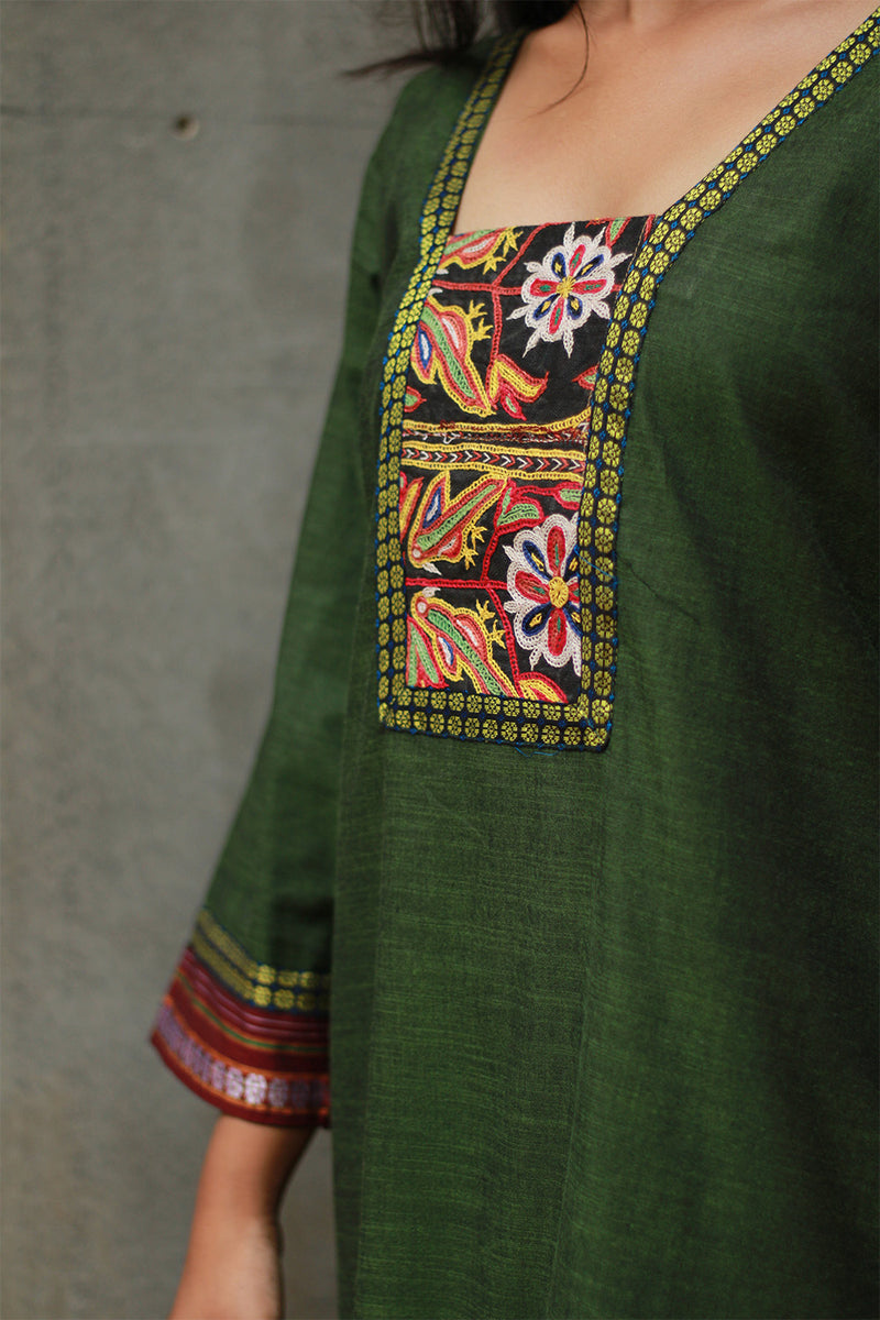 Banjari | Cotton Kurta | Green With Embroidery