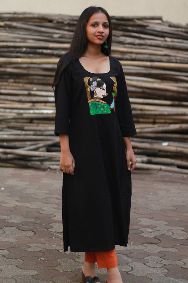 Long Kurta | Hand Painted Yoke | Noir