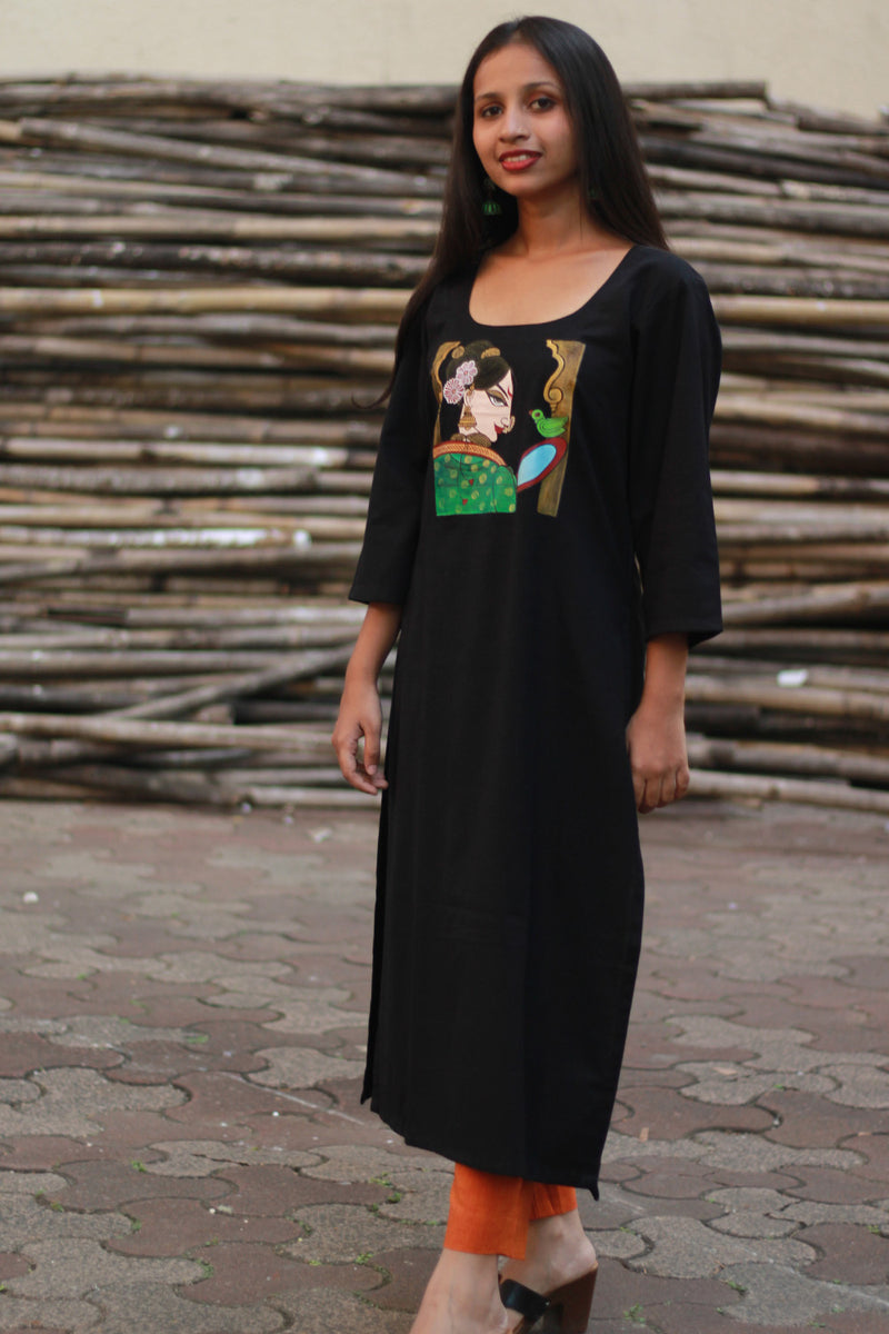Long Kurta | Hand Painted Yoke | Noir