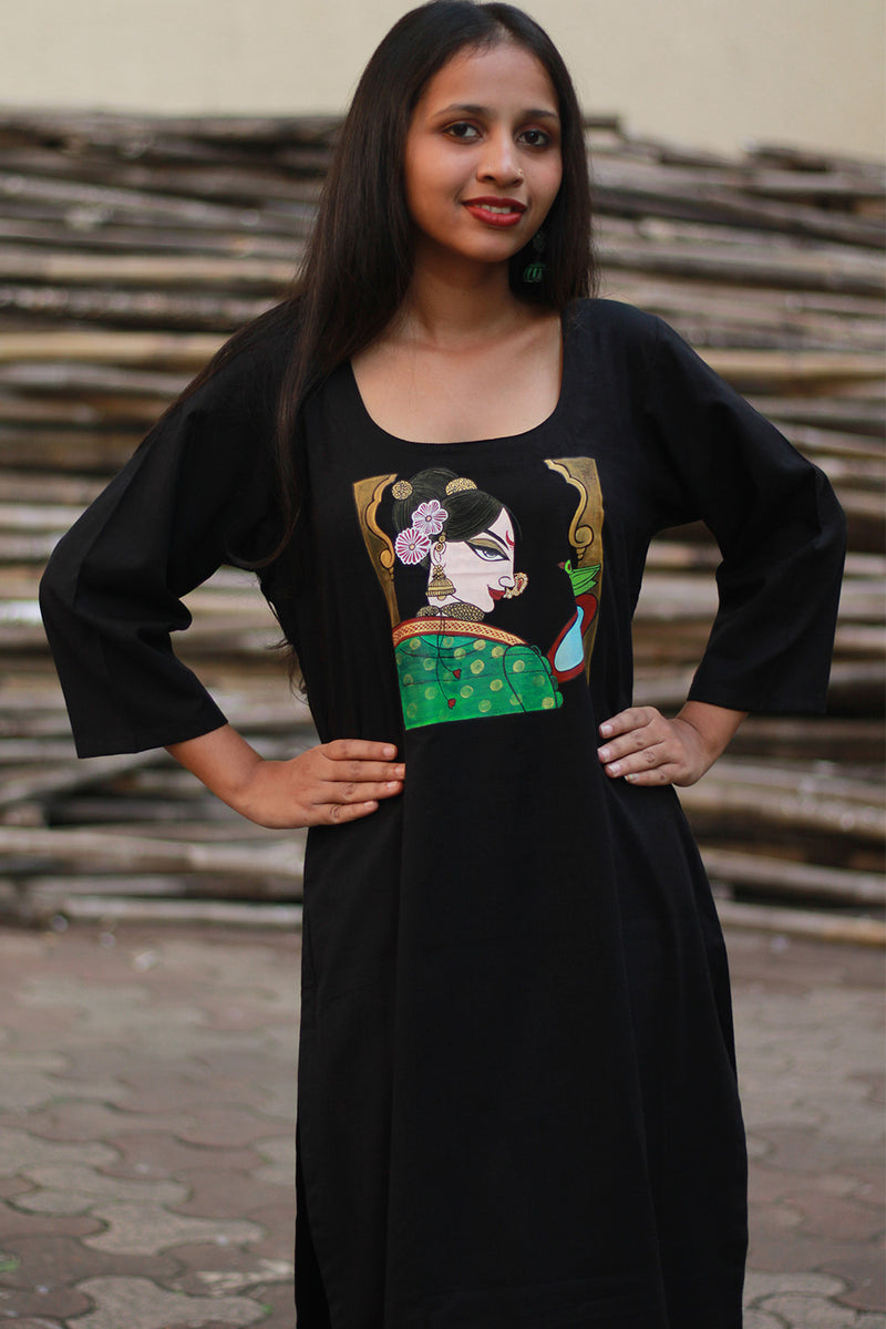 Long Kurta | Hand Painted Yoke | Noir